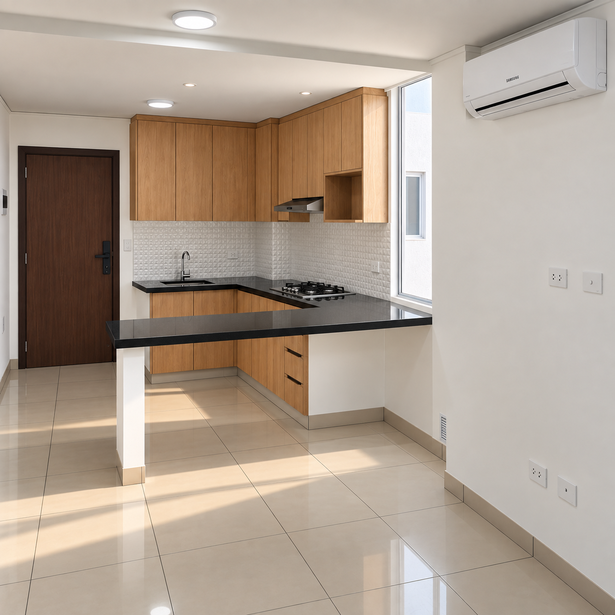 Sala y cocina del departamento de 2 habitaciones en Rachel Residenza